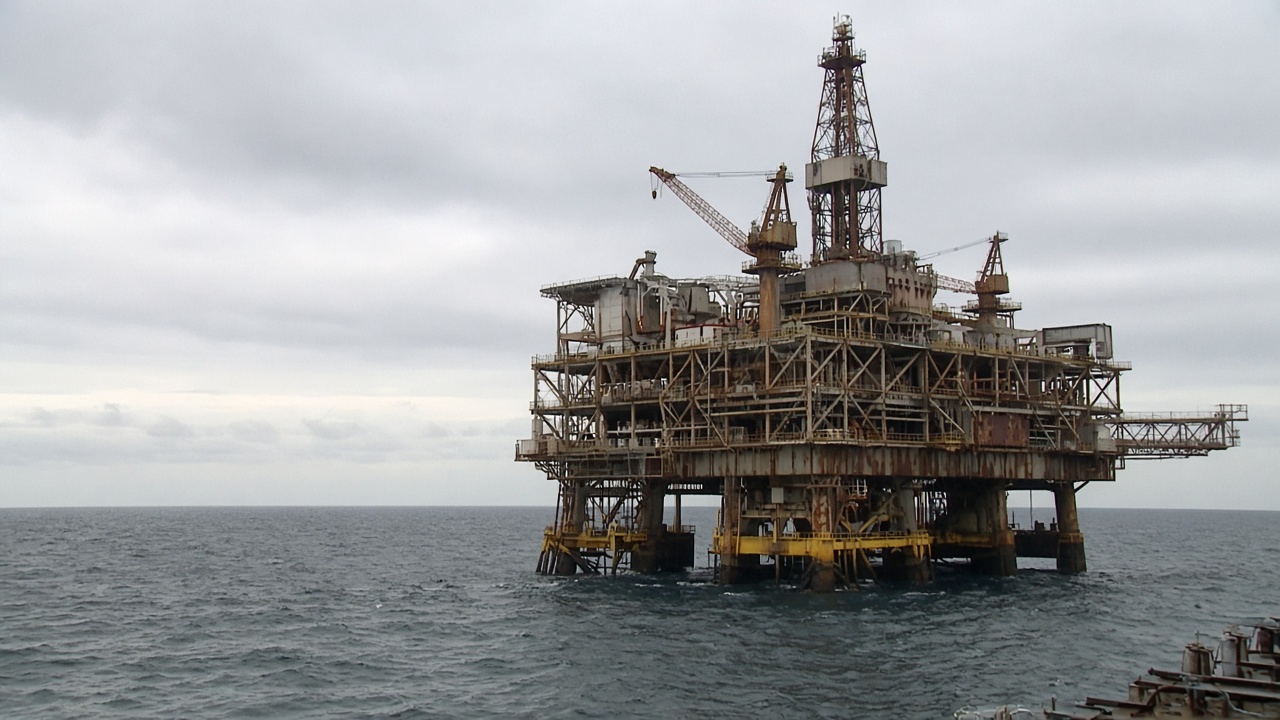 Offshore natural gas production platform with flare stack over open sea under overcast sky