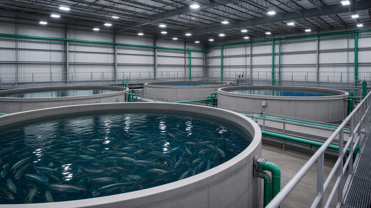 Indoor recirculating aquaculture grow-out hall with round fish tanks on a dry concrete floor