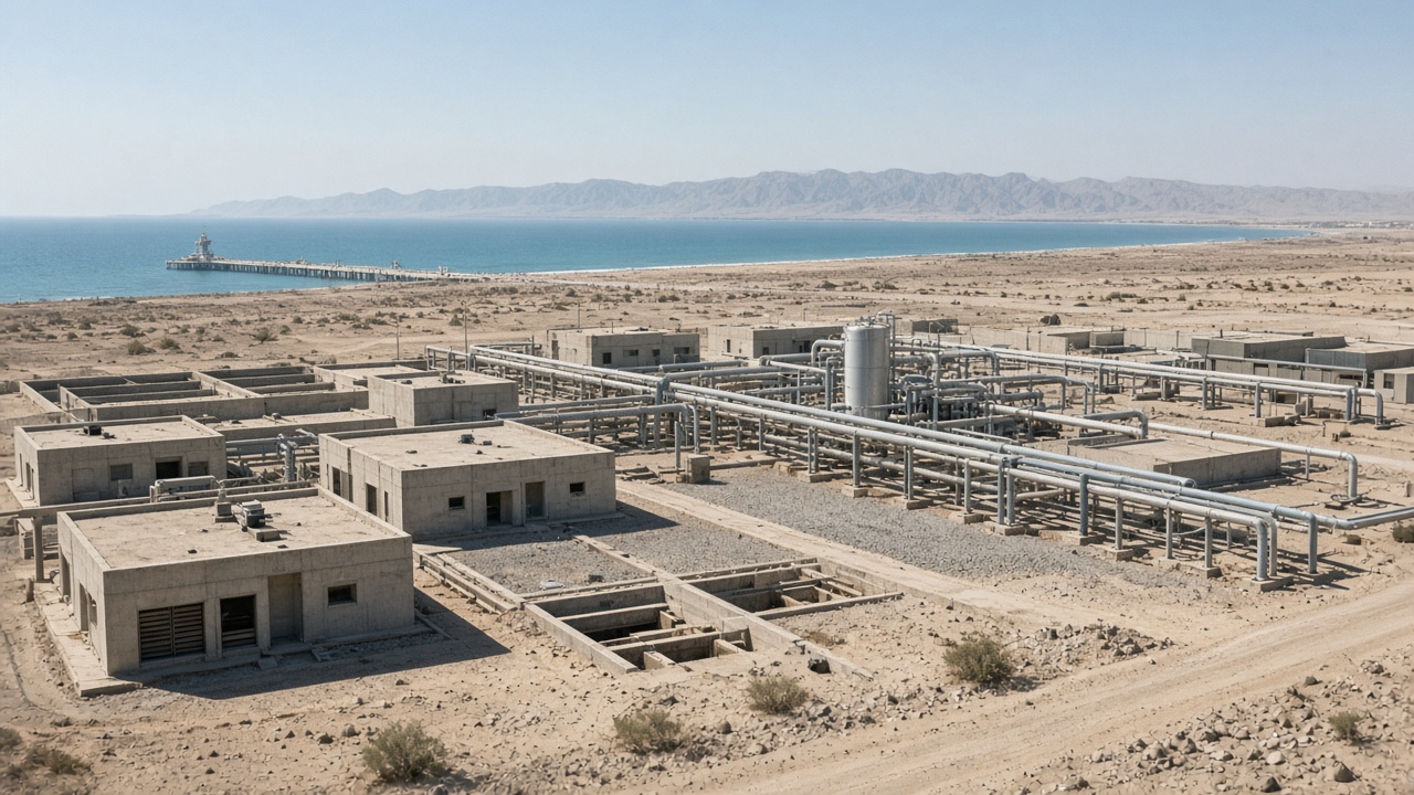 Desert coastal seawater desalination plant with pipe racks and process buildings under harsh daylight — illustrative