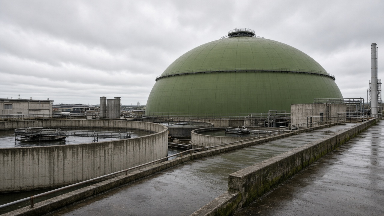 Municipal wastewater treatment plant with anaerobic digesters and biogas piping under soft daylight